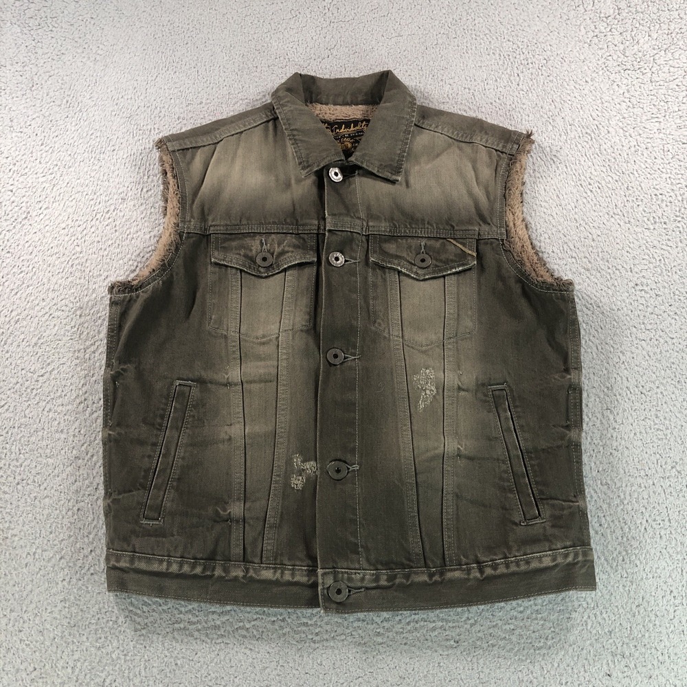Cult Of Individuality Vest Mens‎ Large Gray Jean Denim Distressed Sherpa Jacket